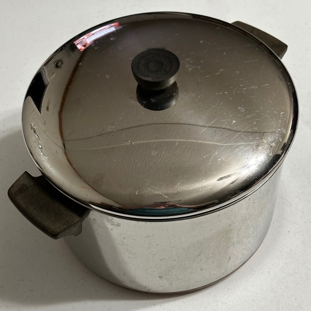 Revere Ware 8 Qt Stock Pot & Lid Copper Bottom Stainless Steel 18-01 USA Vintage